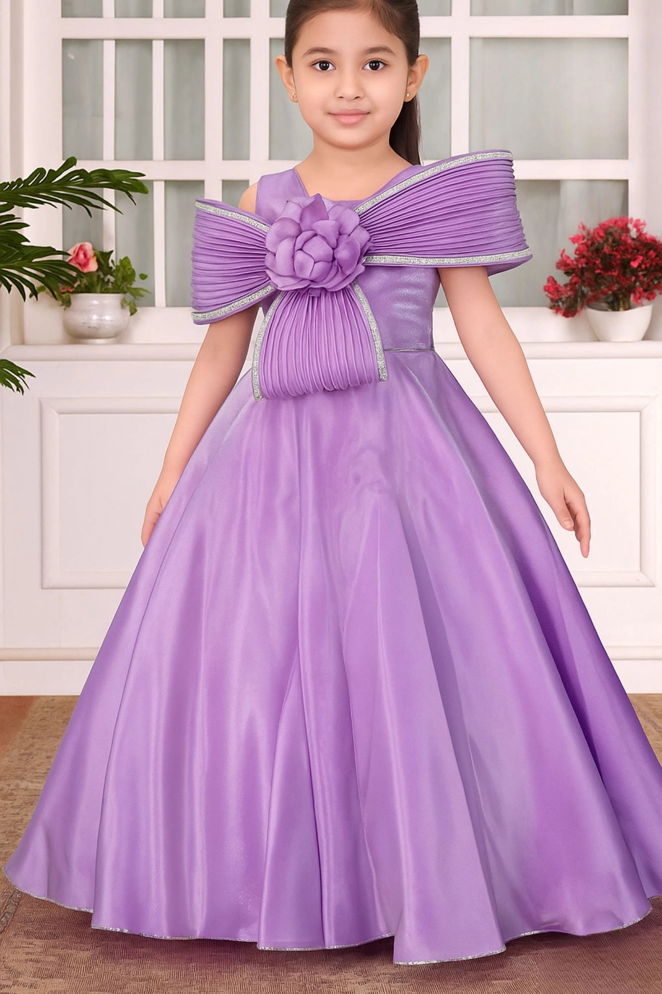 Designer Purple Party Wear Gown with Oversized Pleated Bow and Rosette Embellishment For Girls