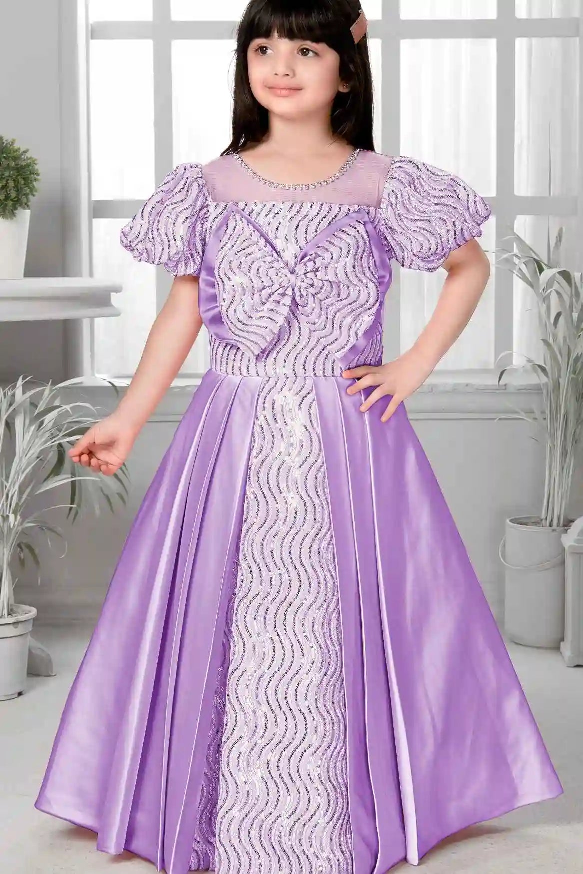 Lavender Sequin Gown With Puff Sleeves And Oversized Bow For Girls