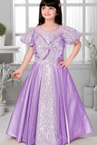 Lavender Sequin Gown With Puff Sleeves And Oversized Bow For Girls