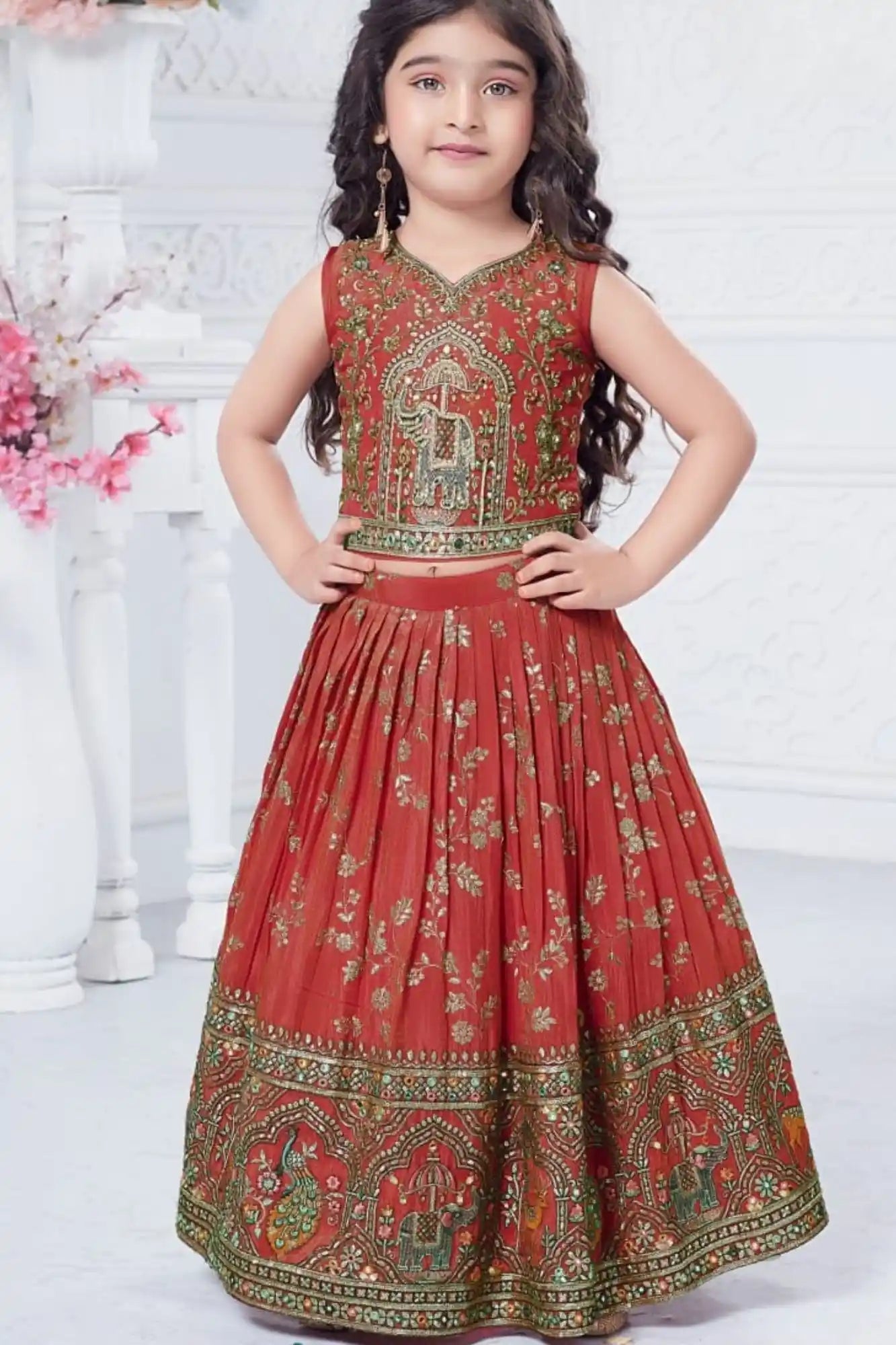 Rust Pink Elephant Motif Lehenga Choli with Regal Zari Embroidery