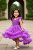 Purple Ruffle Party Frock With Stone Embellished And High-Low Hem For Girls