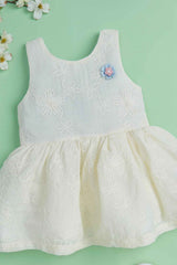 Cream Thread Embroidered Cotton Casual Frock For Girls