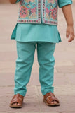 Teal Blue Embroidered Kurta Set with Nehru Jacket For Boys