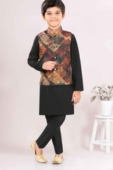 Black Full Sleeves Kurta With Printed Waist Coat Set For Boys