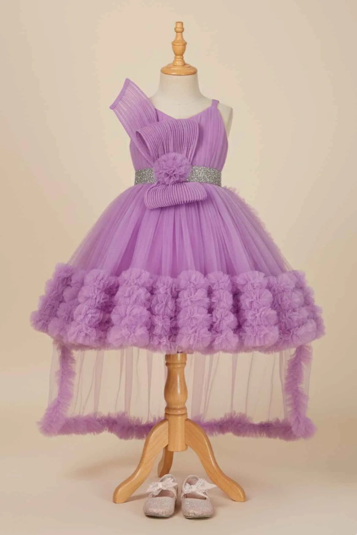 Lavender Embellished Party Wear Frock with Pleated Bodice and 3D Ruffle Hemline For Girls