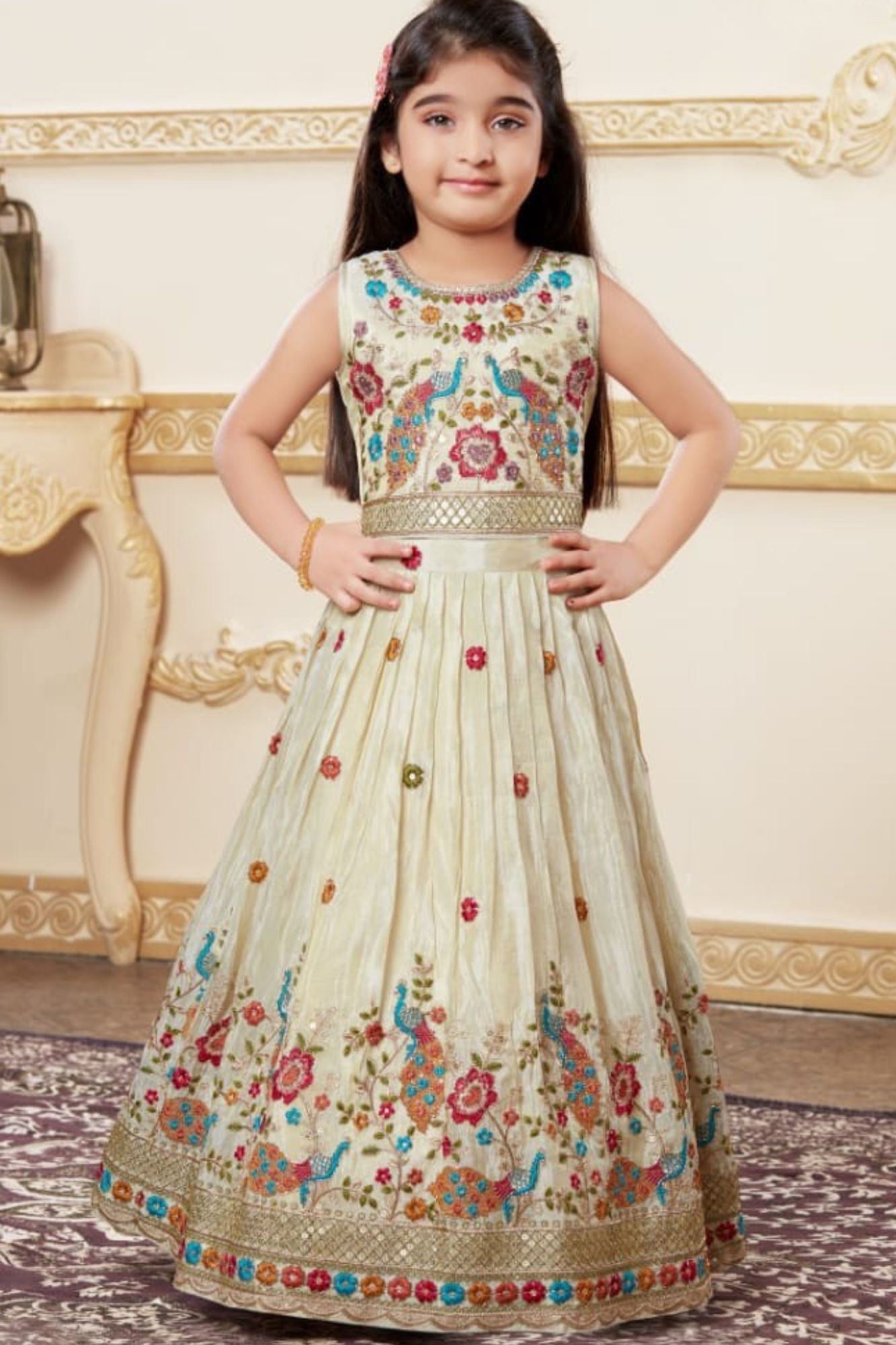 Cream Embroidered Lehenga Choli with Regal Peacock Motifs For Girls