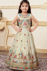 Cream Embroidered Lehenga Choli with Regal Peacock Motifs For Girls