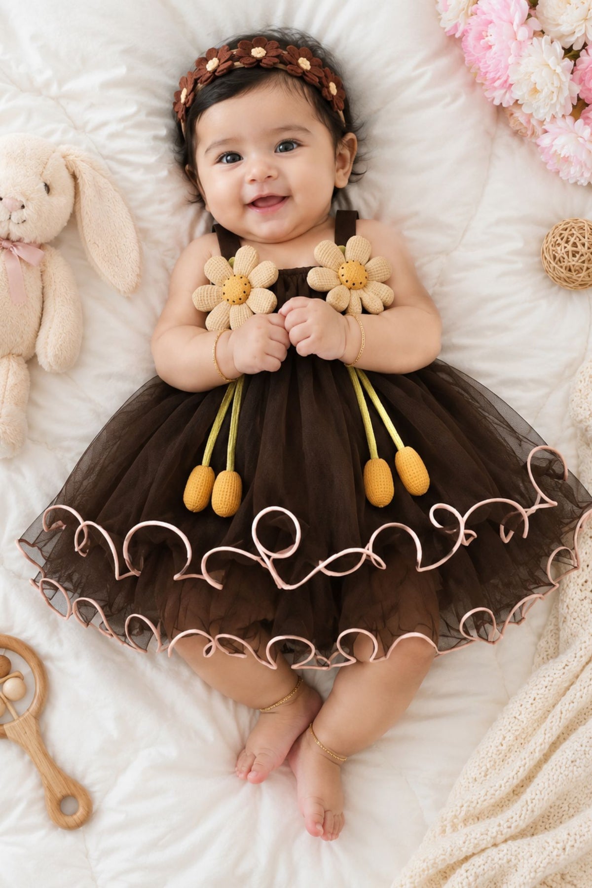 Brown Frock With Playful 3D Floral Applique