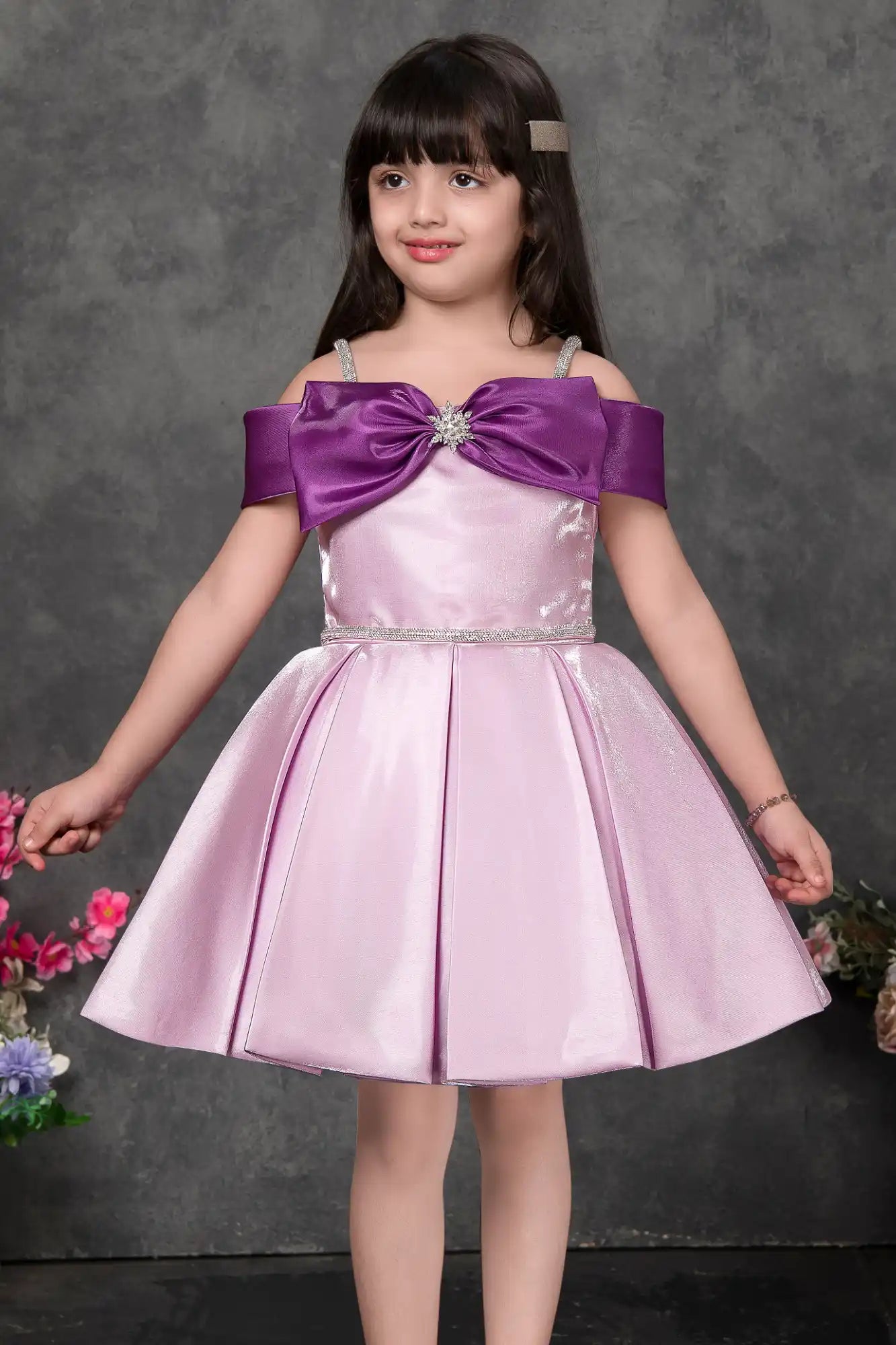 Lilac Off Shoulder Bow Embellished Party Frock For Girls