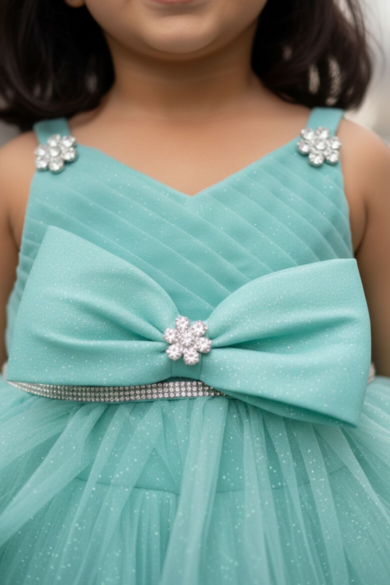 Green High-Low Party Wear Tulle Frock with Bow Detail For Girls