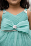 Green High-Low Party Wear Tulle Frock with Bow Detail For Girls