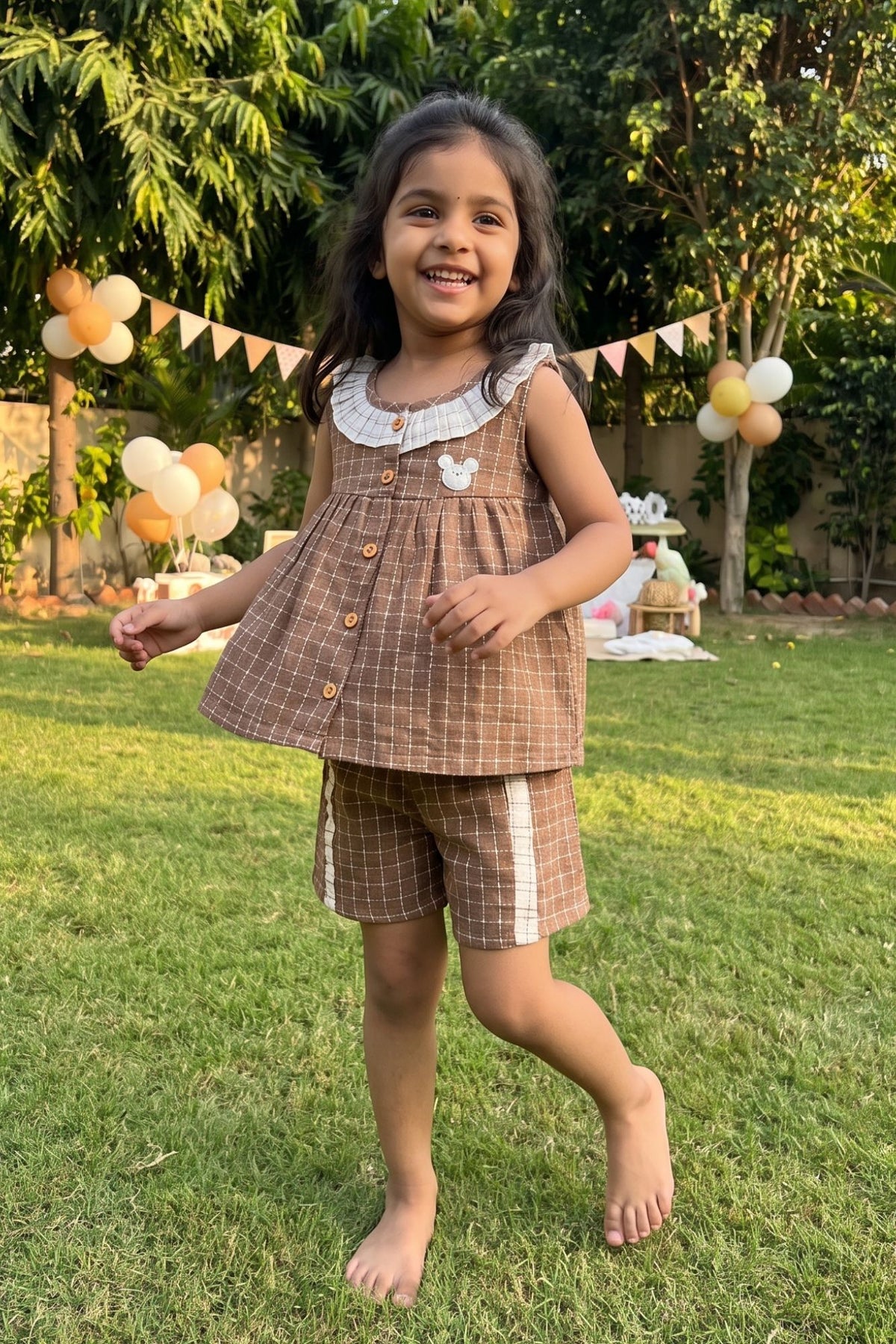 Adorable Girls Brown Checked Top & Shorts Set with Ruffle Collar