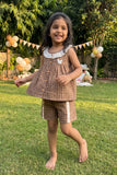 Adorable Girls Brown Checked Top & Shorts Set with Ruffle Collar