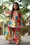 Multicolor Floral Printed  Sharara Set with Embroidered Yoke and Tassel Details For Girls