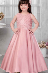 Designer Onion Pink Pearl And Sequin Work Gown For Girls