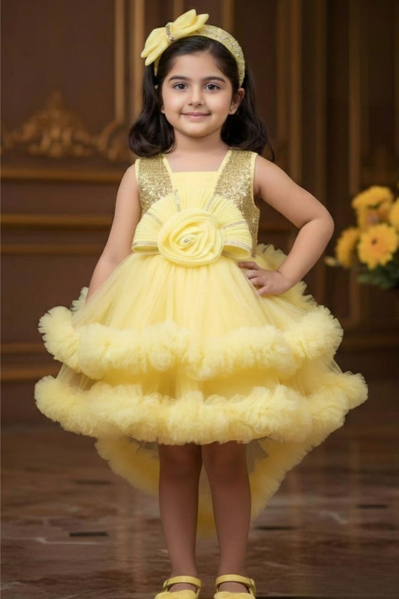 Girls Yellow Sequin Party Frock with Layered Tulle and Floral Detail