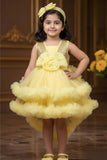 Girls Yellow Sequin Party Frock with Layered Tulle and Floral Detail