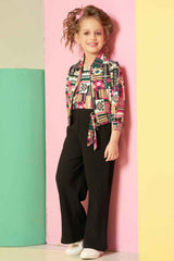 Multi Color Printed Top With Black Bottom And Overcoat Set For Girls