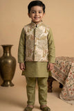 Olive Green Kurta Pyjama Set With Embroidered Nehru Jacket For Boys