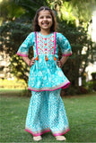 Sky Blue Mirror Work With Embroidery And Floral Printed Sharara Set For Girls