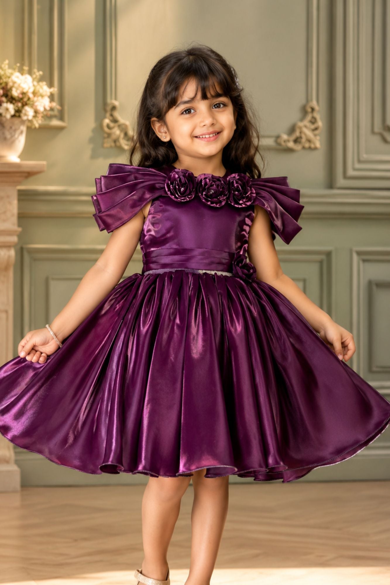 Wine Floral Embellishment With Stone Worked Frock For Girls