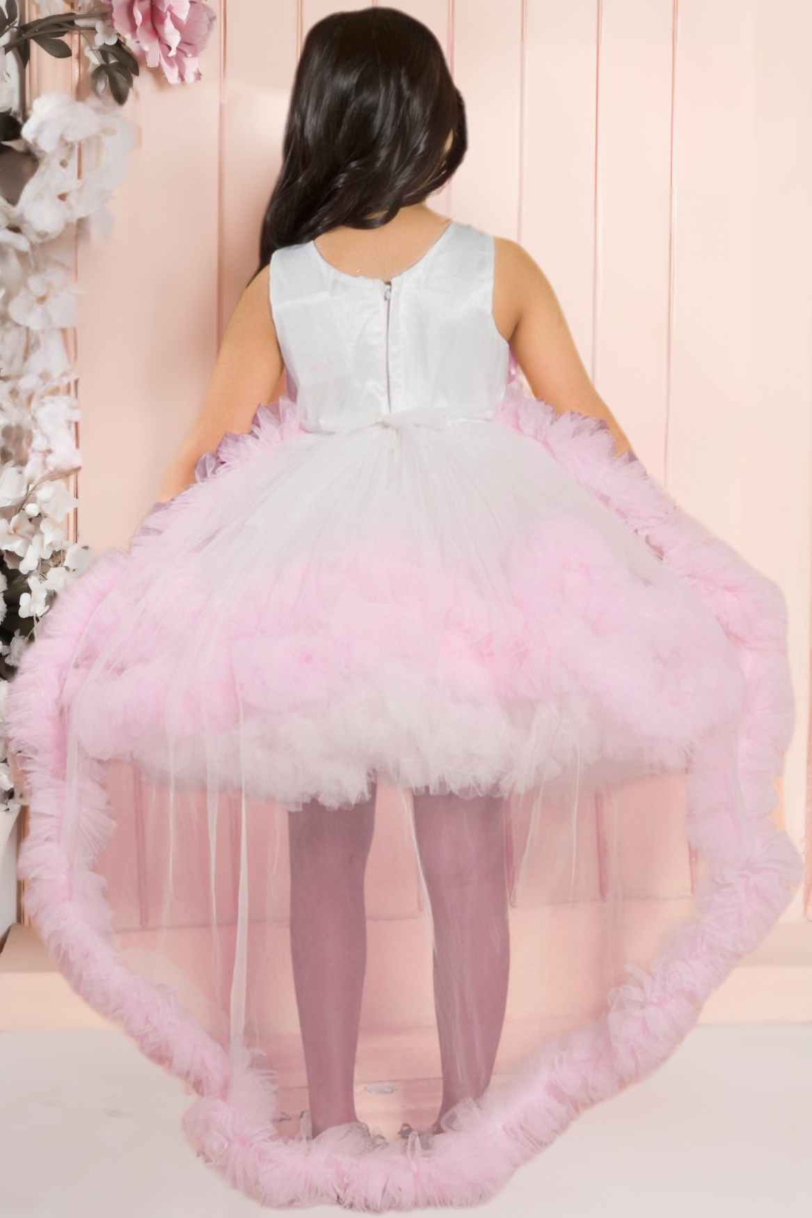 White And Pink Layered Party Frock With 3D Floral Embellished For Girls