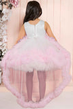 White And Pink Layered Party Frock With 3D Floral Embellished For Girls
