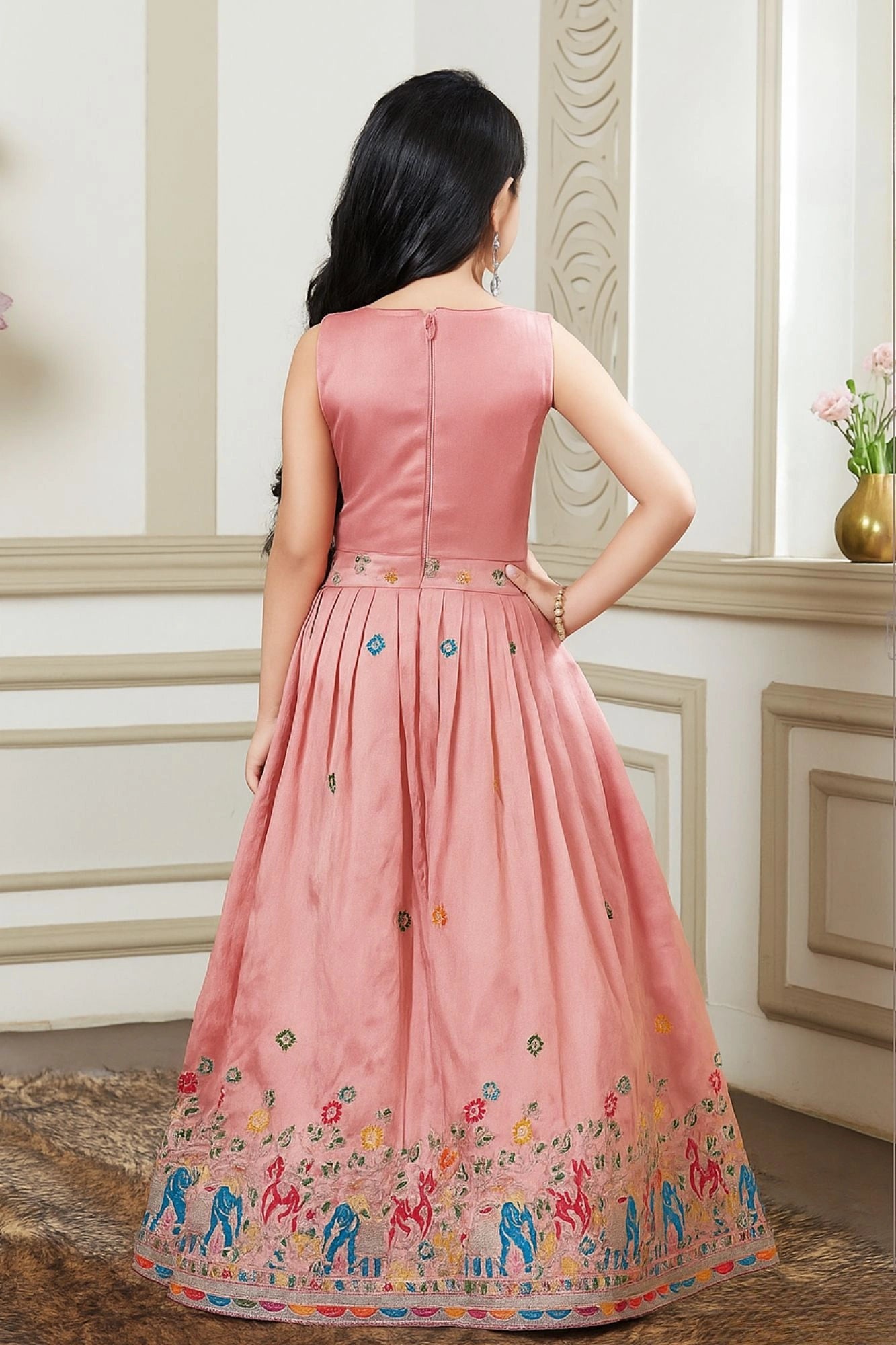 Pink Folk Embroidered Lehenga Choli for Girls