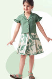 Olive Green Printed Skirt With Top Set For Girls