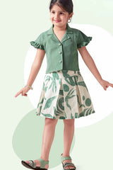 Olive Green Printed Skirt With Top Set For Girls