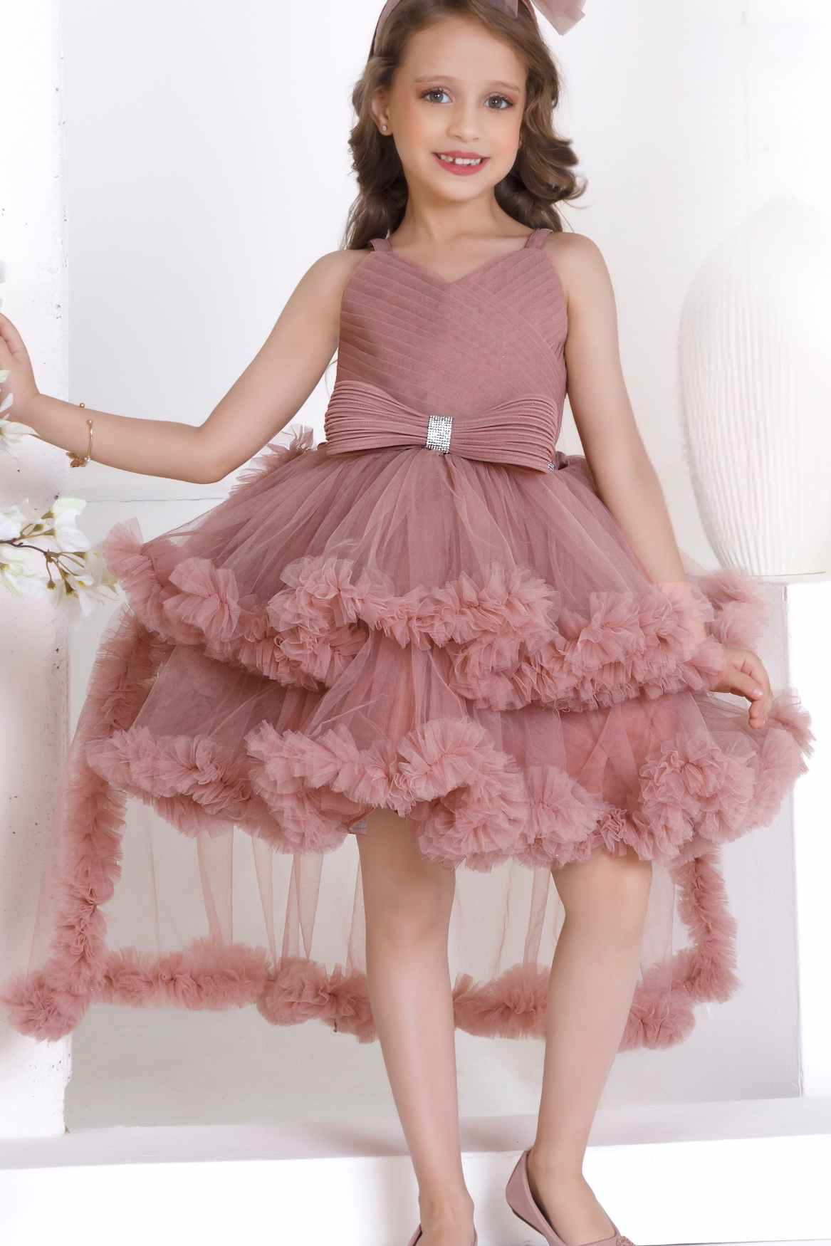 Dusty Pink Ruffle And Layered High-Low Party Tailback Frock for Girls