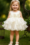 White Floral Appliqué Tiered Frock For Girls