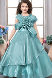 Sea Green Designer Bow & 3D Rosette Party Gown For Girls