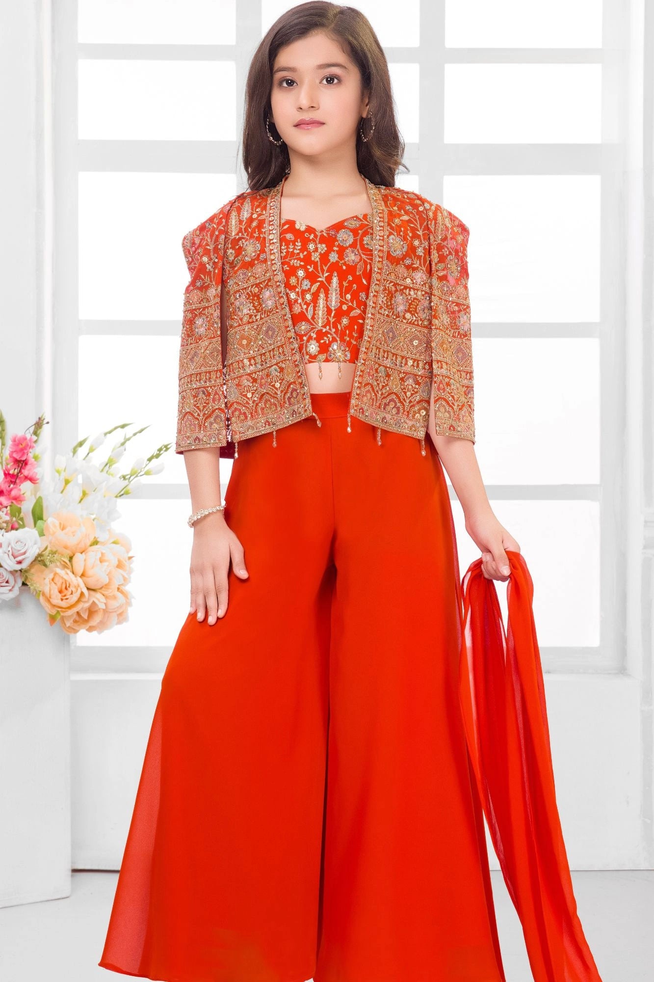 Orange Embroidered Crop Top with Jacket and Palazzo Set For Girls