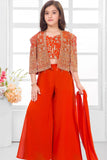 Orange Embroidered Crop Top with Jacket and Palazzo Set For Girls