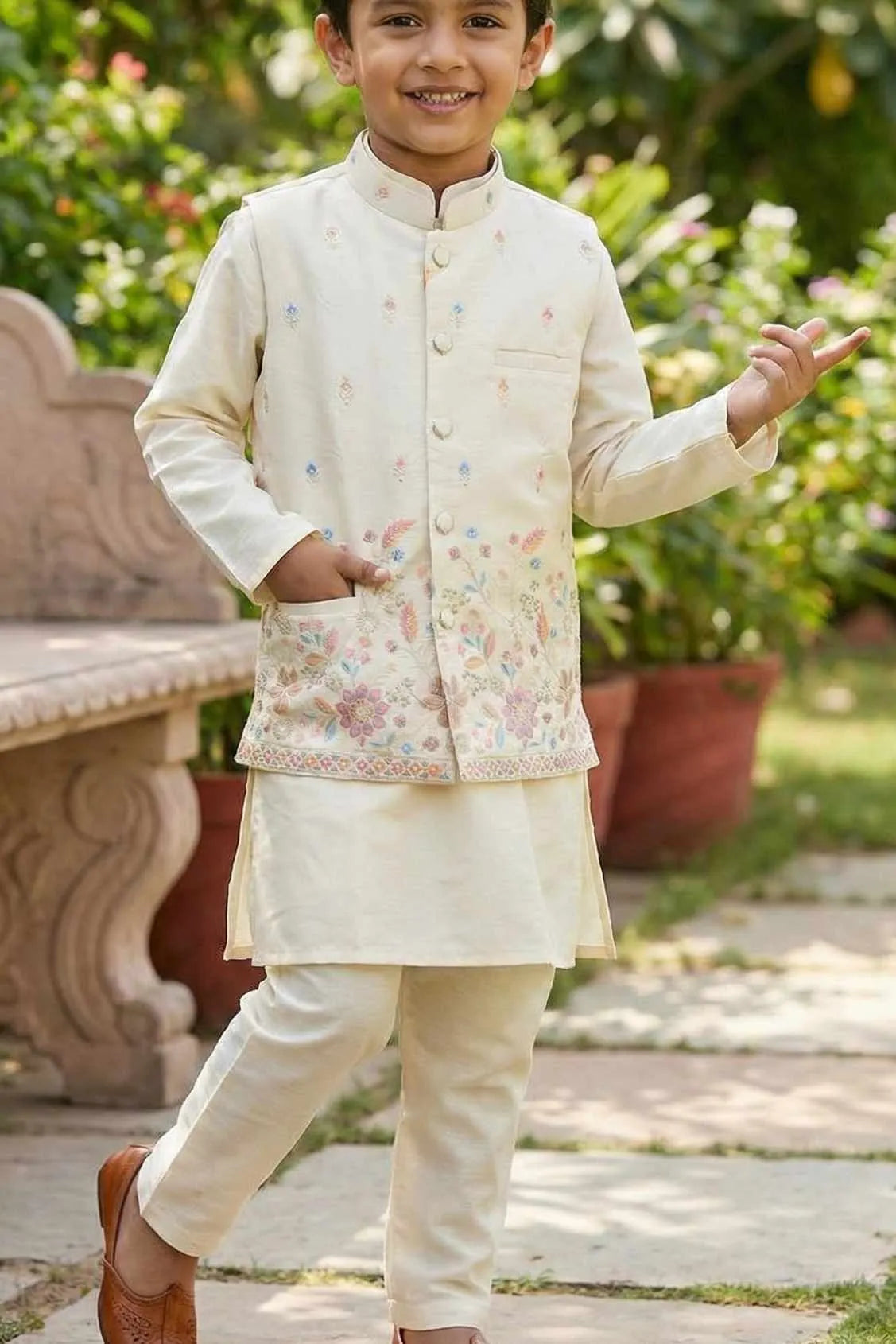 Cream Floral Embroidered Nehru Jacket With Kurta Set For Boys