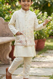 Cream Floral Embroidered Nehru Jacket With Kurta Set For Boys