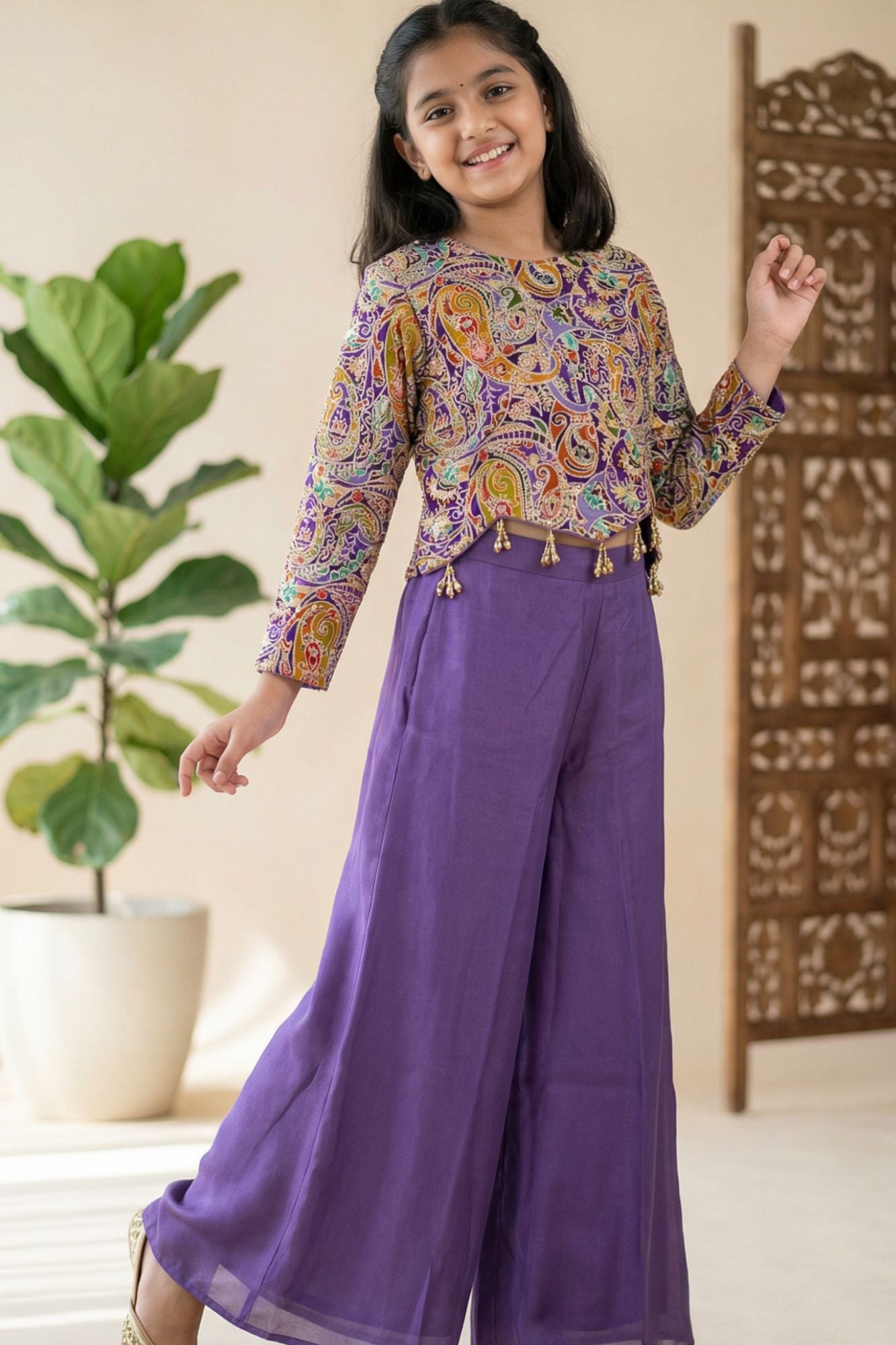 Purple Palazzo Set with Multicolor Paisley Embroidered Top For Girls