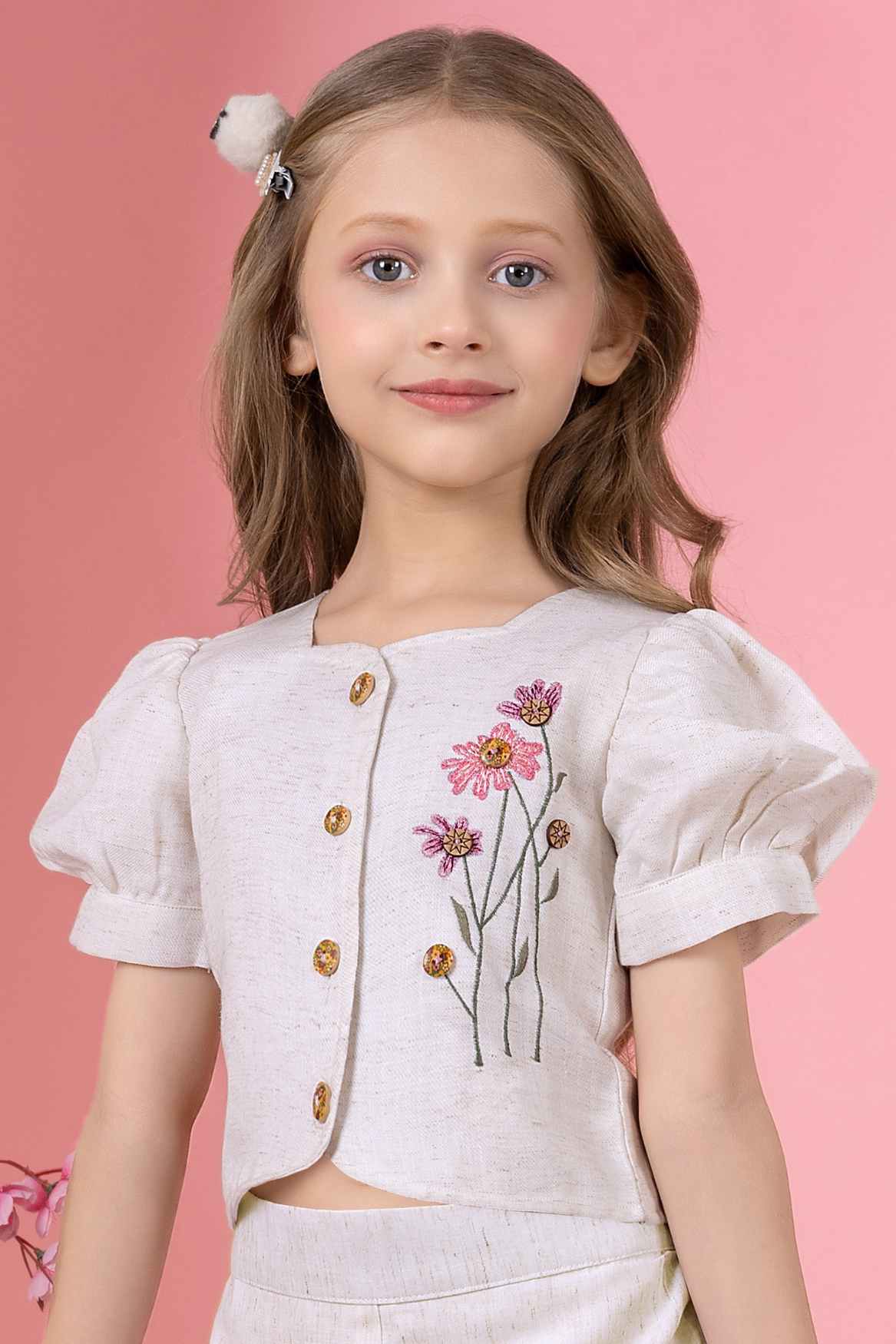 Off White Floral Printed Top and Wide Legged Pant Set With Hand Bag For Girls