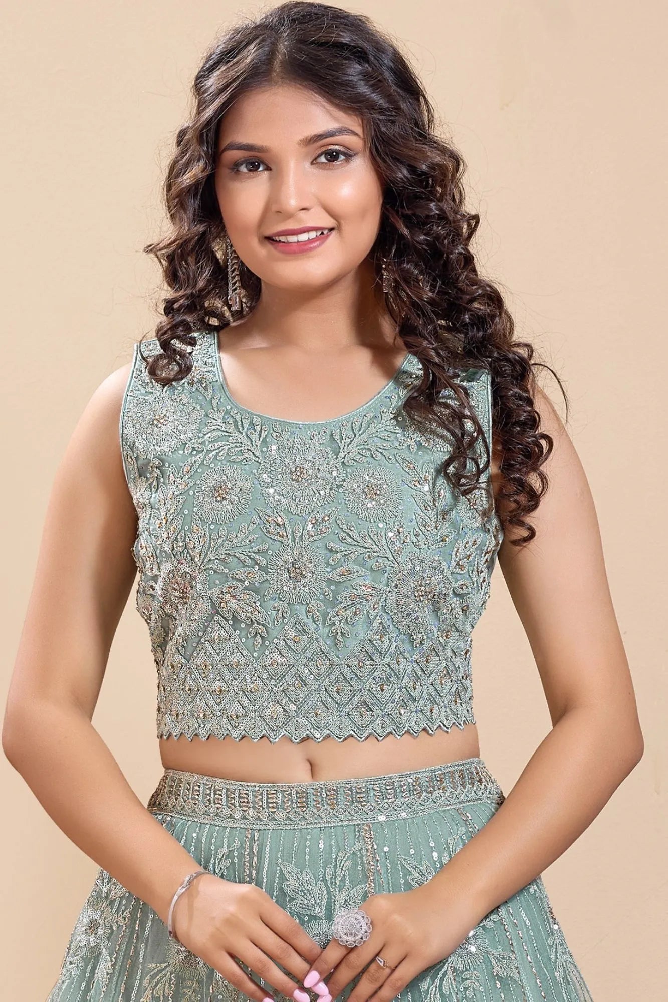 Sky Blue Embroidered Lehenga Choli Set For Girls