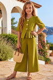 Girls Olive Green Peplum Top With Wide Leg Co-Ord Set