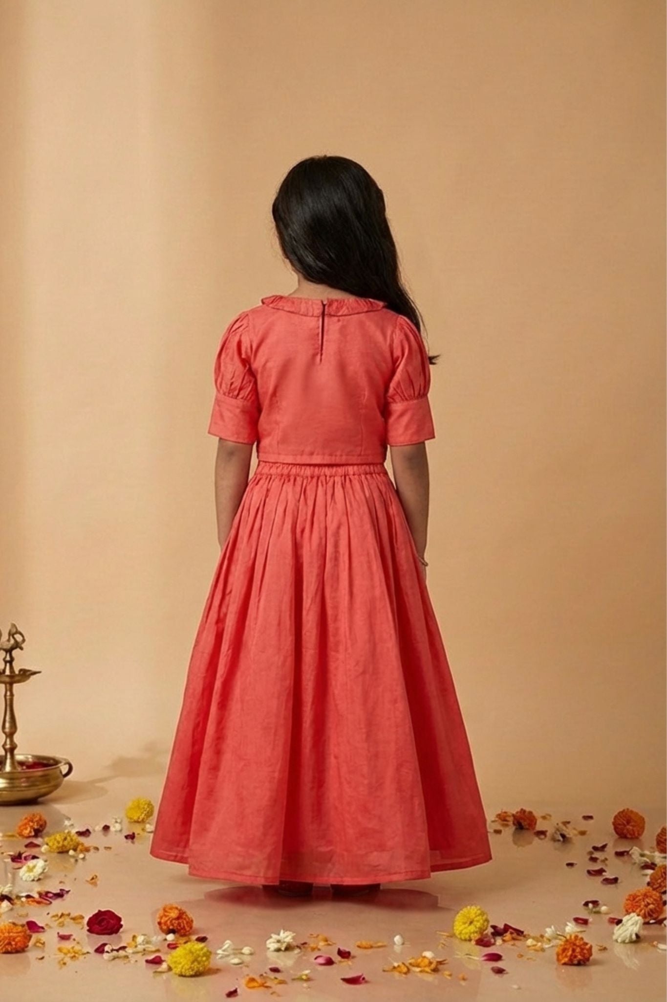 Coral Bird Embroidered Lehenga Choli Set For Girls