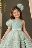 Green Sequins Work With Bow Embellished Party Wear Tailback Frock For Girls