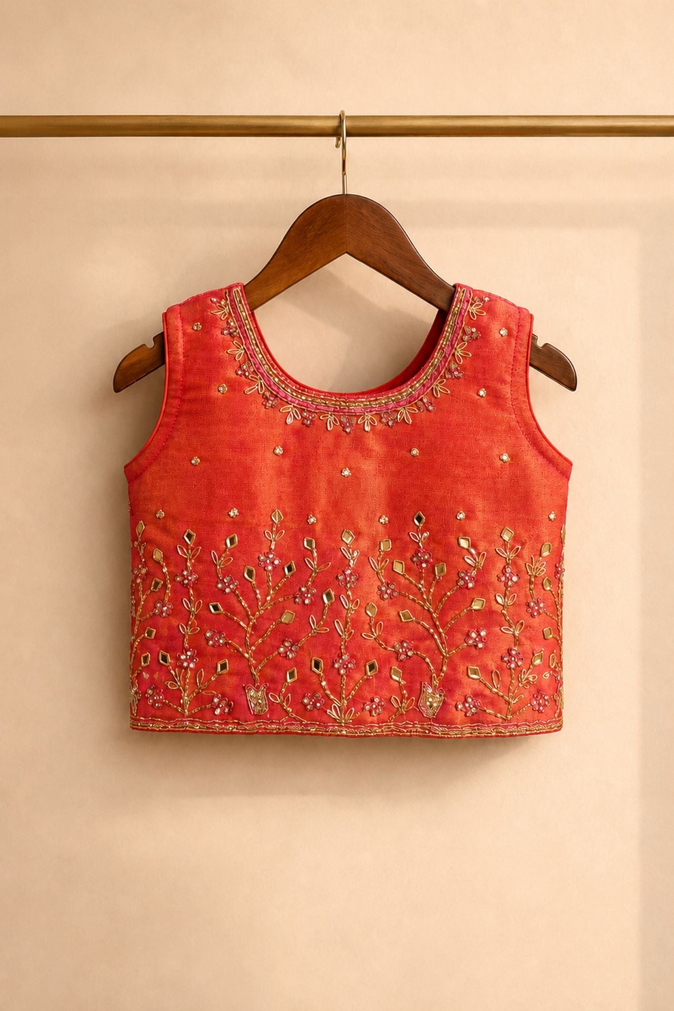 Rust & Pink Mirror Work Embroidered Lehenga Choli Set with Dupatta For Girls
