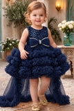 Girls Navy Blue Sequin High-Low Party Wear Frock