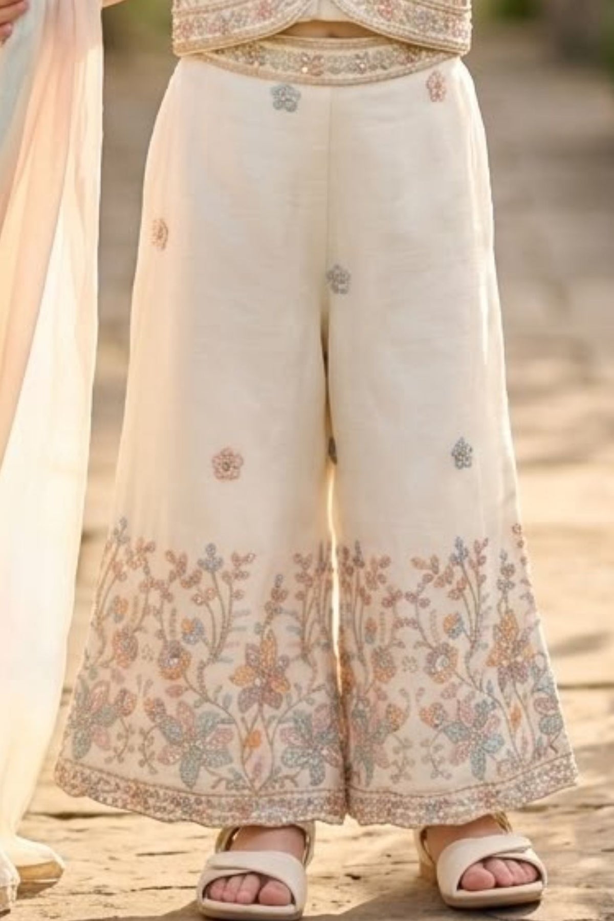 Girls Ivory Pastel Floral Embroidered Palazzo Set With Dupatta