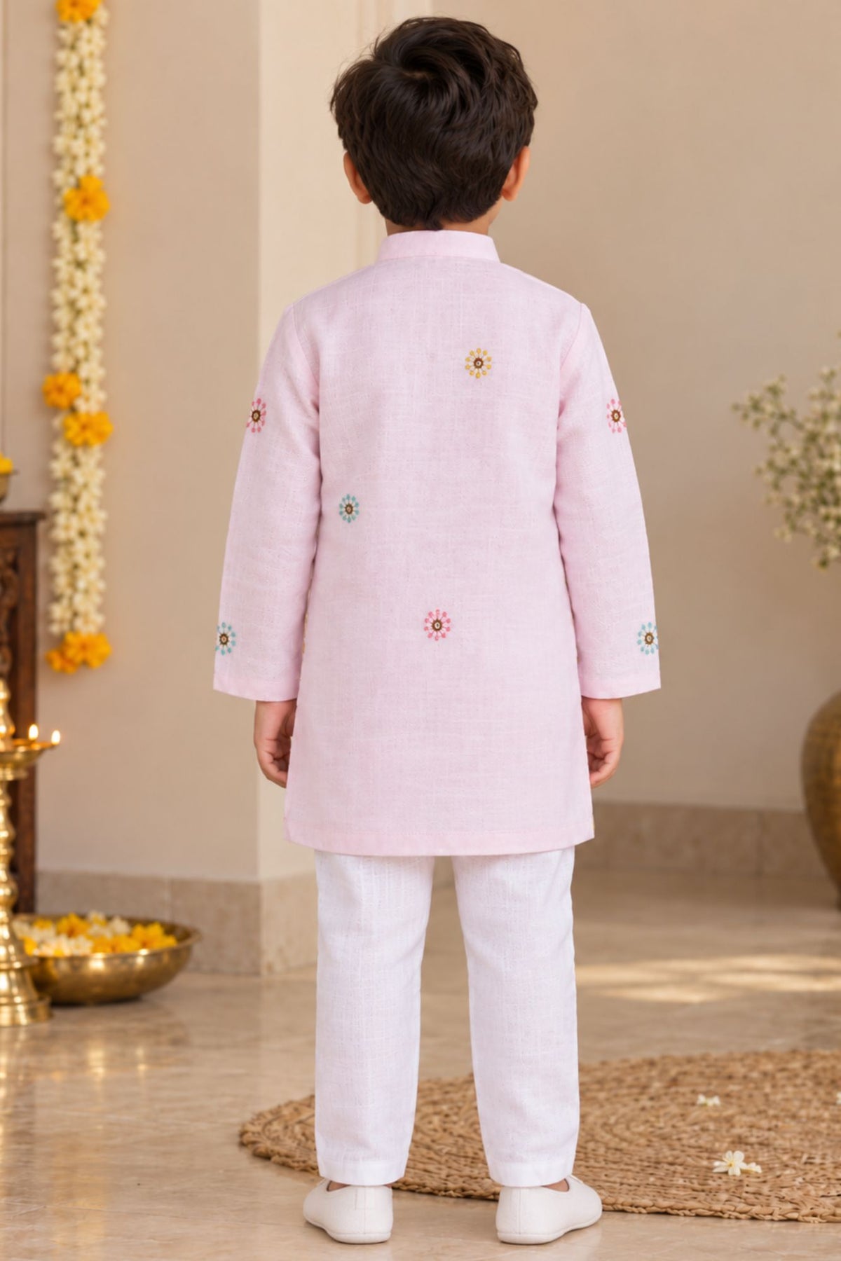Boys Light Pink Embroidered Kurta Pant Set