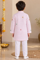 Boys Light Pink Embroidered Kurta Pant Set