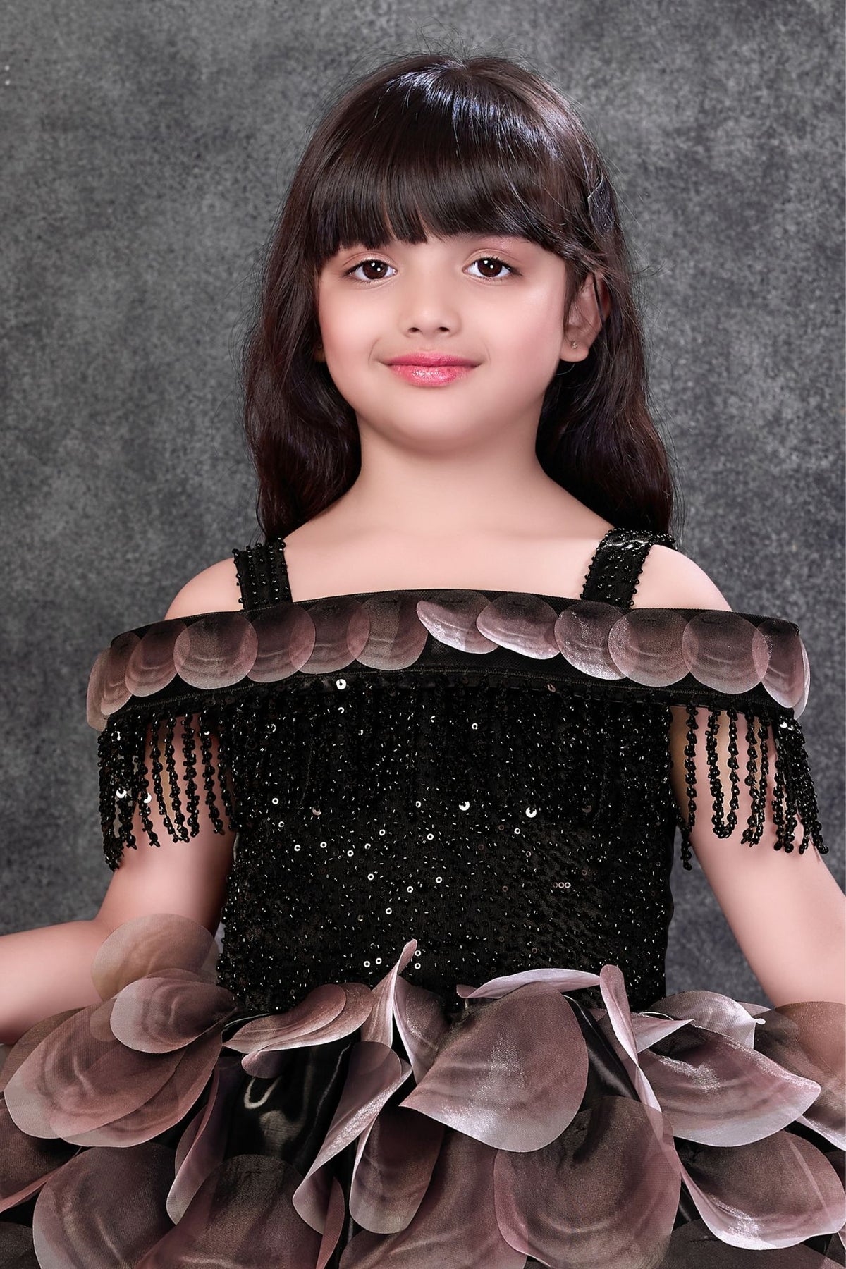Girls Black Heavy Bead Embroidered With3D Floral Applique Party Dress