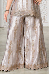 Girls Elegant Silver Grey With Gold Decorative Vertical Motif Embroidered Palazzo Set